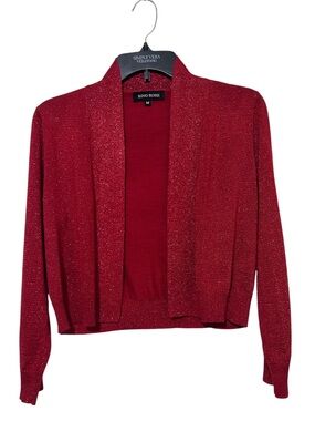 Rino Rossi Red Metallic Glitter Open Front Crop Cardigan Shrug Sweater Medium